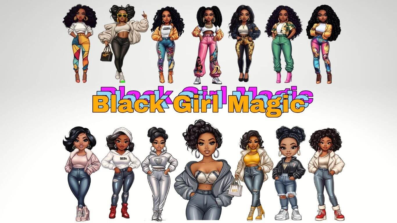 100 Black Girl Magic Clipart Bundle Illustrated collection of fourteen stylized Black women characters in fashionable urban outfits. The top row shows seven women with curly and voluminous hairstyles wearing crop tops paired with colorful pants. The bottom row features seven women in trendy
